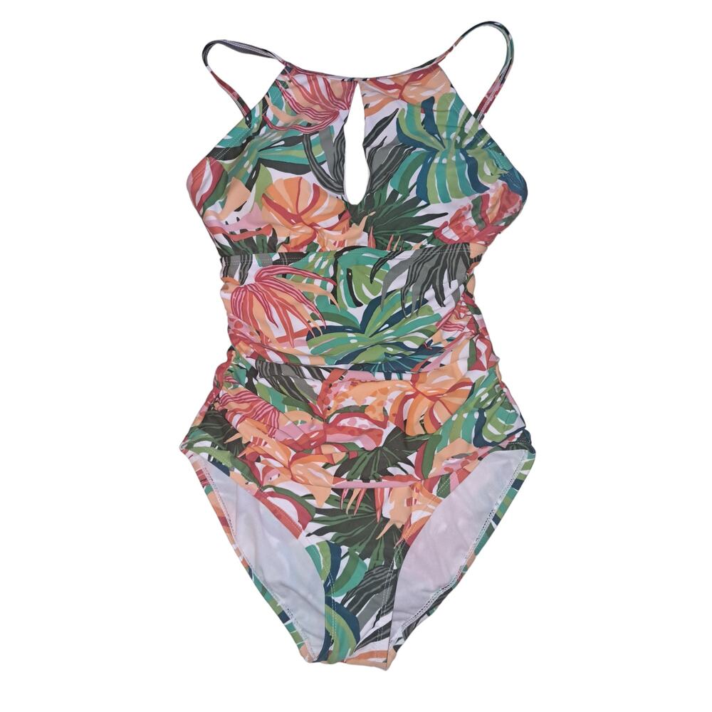 Ellen Tracy Key Hole Cutout Floral Print One Piece Swimsuit
